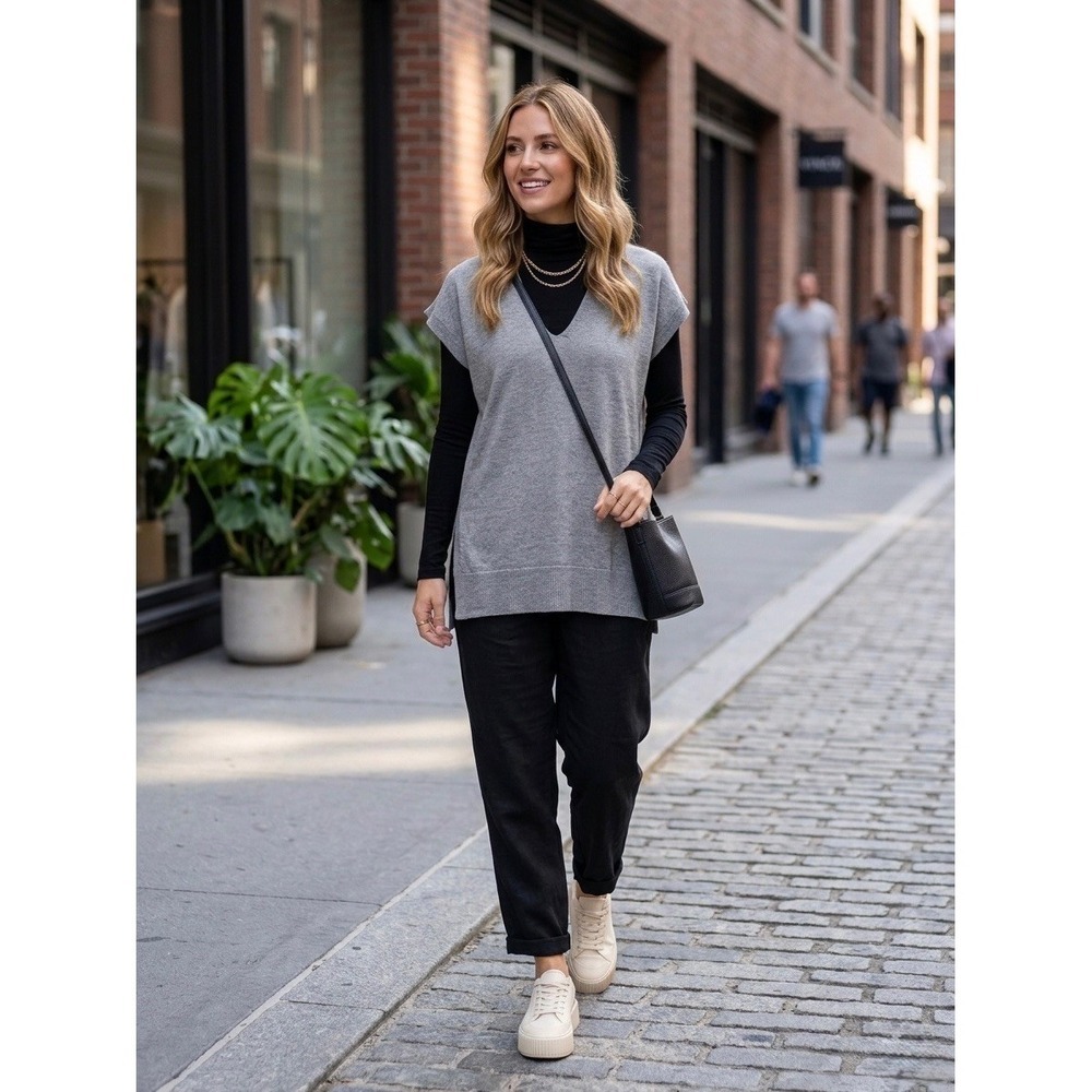 Eileen Fisher Grey 100% Merino Wool V-Neck Sweater Medium F5MF